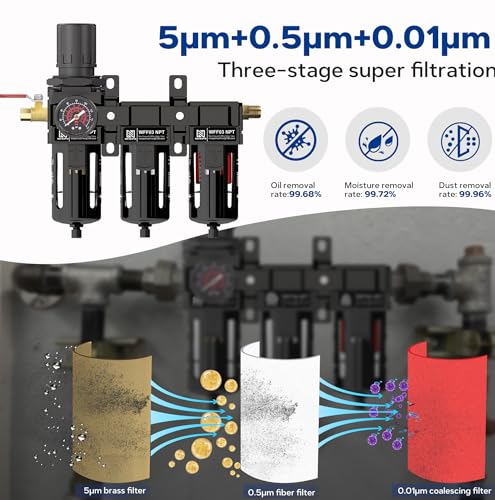 Image of NEWPO 3 /8 inch NPT Air Drying System for Water Separator,3 Stage Compressed Air Filter Regulator Combo, 5＆0.5&0.01 Micron Filter Cartridge,Semi-Auto Drain, Metal Bracket-Black