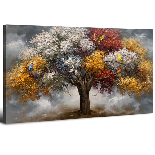 Tableau Arbre de Vie 20x40in Grande Décoration Murale Abstraite Nature Tableau Arbre Coloré avec Oiseaux Impression sur Toile Arbre de Vie Dorées et...