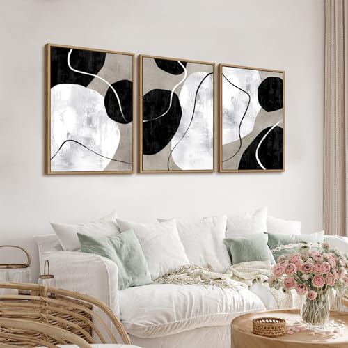 Minimalist Abstract Boho Wall Art - Natural Framed Abstract Canvas Picture Stone Painting Rock Line Artwork Modern Geometric Canvas Prints Wall Decor Tan Grey White Black 20' x 28' 1 PCS 1
