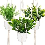 BOMQIA 3 Pack Small Potted Artificial Plants with 3 Plant Hangers,Plastic Faux Plants Indoor Hanging Fake Plants for Home Office Farmhouse Greenery Decor