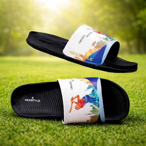 Image of Men's Cricket Edition Printed Sliders | Lightweight EVA Cushioned Slip-On Flip Flops | Anti-Skid Casual Bathroom, Home & Outdoor Sandals for Boys & Men