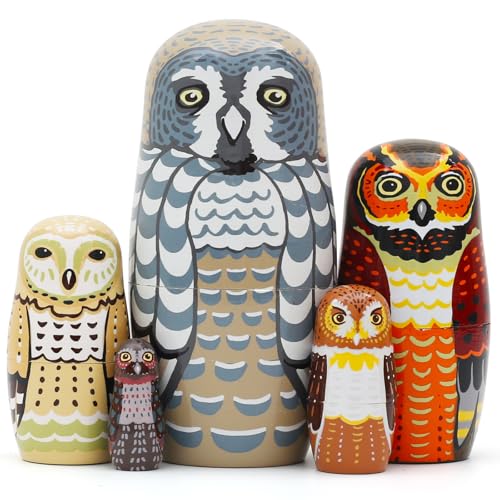 NEPOG Set of 5 Owl Family Nesting Dolls Forest Animals Nesting Dolls Matryoshka Russian Doll Figurines Kids Stacking Dolls for Father's Day Christmas Birthday Owl Lover Home Decoration