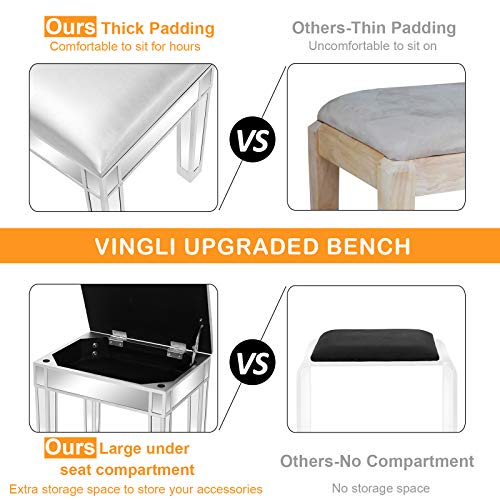 Image of VINGLI Mirrored Vanity Stool with Storage, Faux Leather Ottoman, Makeup Dressing Table Bench, Silver