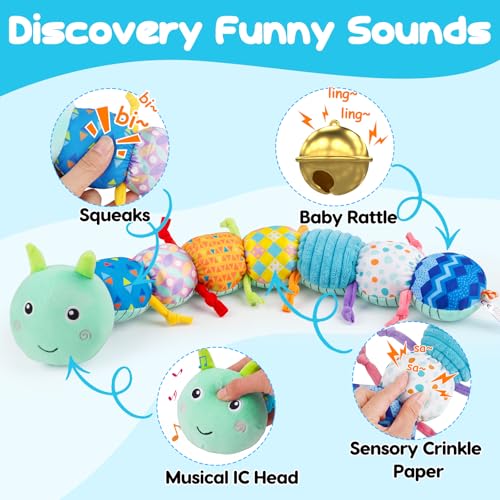 Image of Baby Tummy Time Toys 0-6 Month Musical Stuffed Animal Plush Caterpillar Toy for Infant 6-12 Month Teething Sensory Toy with Crinkle Rattle Babies 0-3-6 Month Newborn Boy Girl Birthday