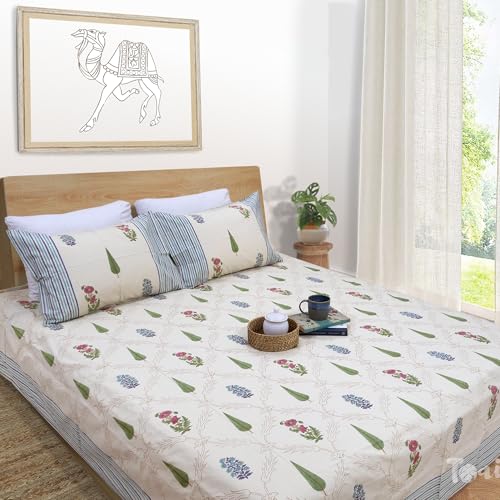 Image of TOAI Hand Block Printed Bedsheet | Bed Spread Flatsheet Bed Sheet | Pure Cotton | Queen Size 90 inchx108 inch | 300 TC Long Staple Cotton | 2 Reversible Pillow Covers |Adil Jaal (Beige Multicolor)