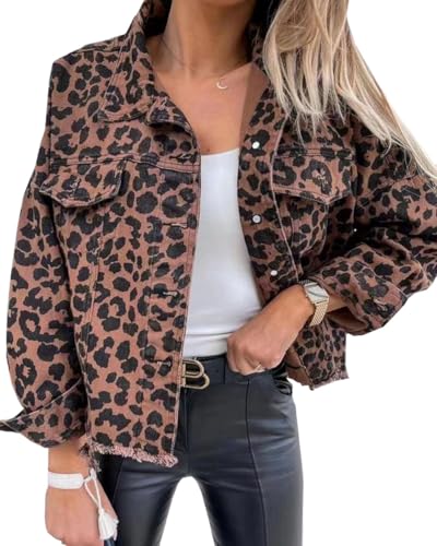 Women's leopard print fringed Loose denim jacket oversized Long Sleeve distressed jean jackets coat