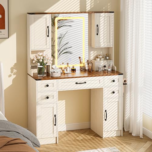 NBYSGO Farmhouse Vanity Desk with Mirror and Lights Large Makeup Table with 6 Drawers and 4 Storage Cabinets 3 LED Lights Modes White Dressing Set for Girls Bedroom