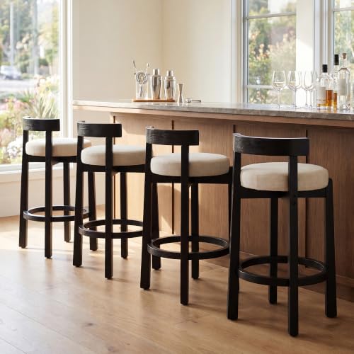 Image of LukeAlon Mid Century Linen Counter Stools Set of 4, Upholstered 26.5 inch Seat Height Low Barstools with Black Wood Legs Round Low Back Kitchen Stools with Footrest for Dining Room Restaurant, Beige