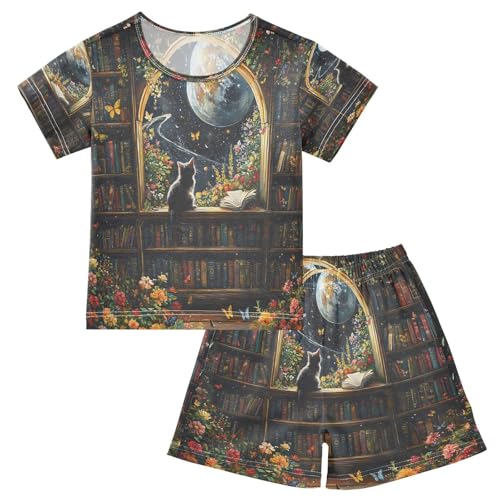ALAZA Bookworm Bookshelf Cat Butterfly Flower Pajamas Set Short Sleeve Cotton Sleepwear Summer Pjs 2 Piece 5-14Y