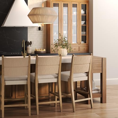 Image of Nathan James Cove Seagrass Counter Stool Wood Upholstered Bar Stool with Natural Flax Cushion and Seagrass Backrest, Light Brown, Set of 3