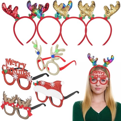 Ipetboom Diademas Navideñas 8 Piezas Cuernos de Reno y Orejas Escamosas Marcos de Gafas Doradas Purpurina Accesorios para Disfraces y Fiestas Infantiles de Navidad
