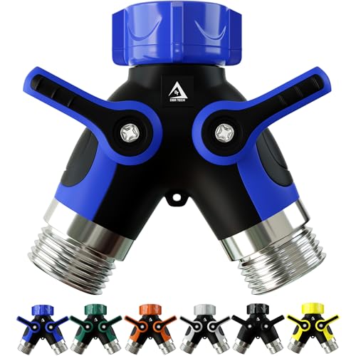 DBR TechÂ® Hose Splitter 2 Way, Heavy Duty Metal Connector, Two Way Garden Hose Splitter, High Flow Spigot Faucet Bib Adapter, Solid Double Y Shut Off Valve for Outdoor Gardening Hoses, Blue