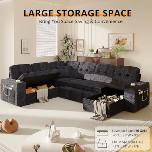 Image of Modular Sectional Sleeper Sofa with Pull Out Bed, 108 Inch U Shaped 7 Seat Couches for Living Room, Chenille Fabric Cloud Couch Bed with Storage, Reclining Backrest, USB Charging, Luxury Black