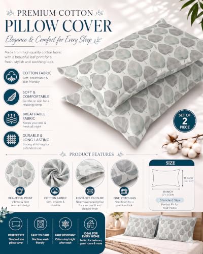 Image of IVAZA Ezyption Cotton Super Soft 240 TC Elastic Fitted All Around Elastic Printed King Size Double Bed Bedsheet with 2 Pillow Cover 72 inch X 78 inch3 Grey Leaf
