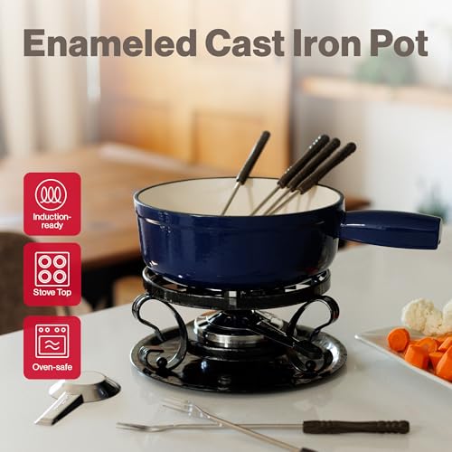 Image of Swissmar Lugano Cast Iron Cheese Fondue Set, 9-Piece, 2 QT / 2 L - Ideal for Melting Cheese, Chocolates, Caramel, & More - Perfect for Kitchen Collection & Gift Giving - Deep Blue