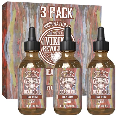 Image of Viking Revolution Bay Rum Beard Oil for Men - Natural Argan and Jojoba Oil Blend for Softening, Strengthening, and Moisturizing Beards (3 Pack)