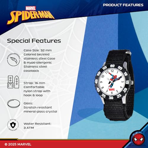 Marvel Spiderman Watch for Kids - Spiderman Watch Boys - Spider-Man Watches for Boys 4-6 - Kids Toys - - Marvel Toddler - Teen - Red Bezel - Multicolored Nylon Strap4