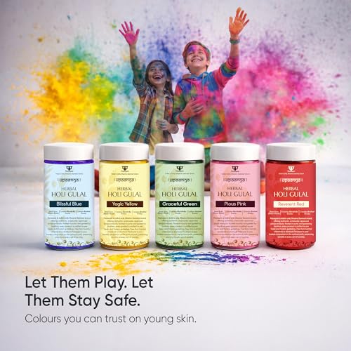 Image of Herbal Gulal for Holi & Festivals with Brahmi and Haridrika | Natural, Skin-Friendly & Child-Safe Gulaal | Vibrant Red, Green, Blue, Pink & Yellow Colors - Pack of 5 160gm X 5