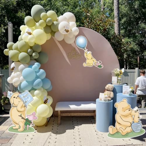 Blue Pooh Baby Shower Cutouts Decor 3 PCS Cute Winnie Cutout Prop for Boys First Birthday Deocration Welcome Baby Supplies Stand Up Prop Centerpiece