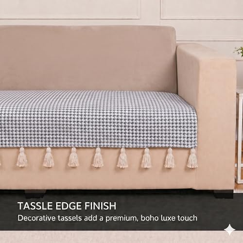 Image of STITCHNEST 'Nomad Weave Collection' 1 Seater Sofa Cover|Elegant Jacquard Fabric, Decorative Tassels, Washable & Durable for Modern Living46