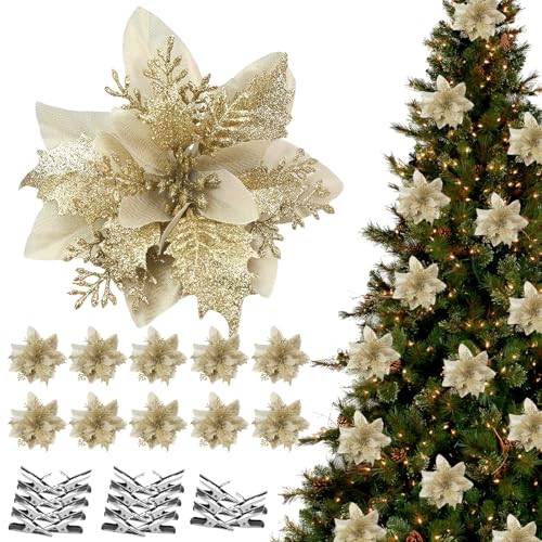 QITHGYD Weihnachtsblumen 25 Stück Mit Clips – Glitzer...