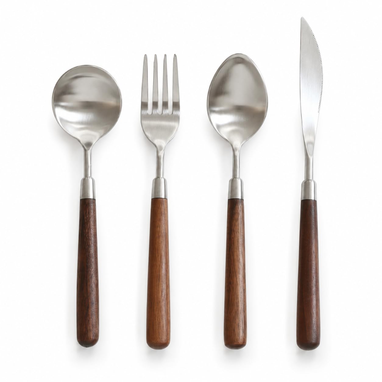 Natural Walnut Wood Handle Silverware Set, Set of 4 Pieces