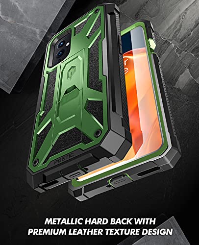 Image of Poetic Spartan Series Designed for OnePlus 9 5G Case, Full-Body Dual-Layer Metallic Color Accent with Premium Leather Texture Shockproof Protective Cover with Kickstand, Metallic Green