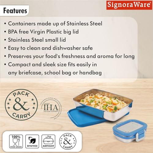 Image of SignoraWare Munch Mate Stainless Steel Lunch Box | Airtight & Leakproof | Durable & Compact | Easy to Carry | Ideal Tiffin for Office, School & Travel (850ml + 160ml | TBlue)