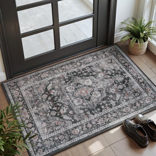 AMOAMI-2X3 Small Rug-Washable Rugs Entryway Mat Indoor-Soft Vintage Non Slip Rugs for Kitchen Laundry Room Bathroom Dark Grey & Black Decorative Accent Rug for in Front of Sink 24 Inch x36 I
