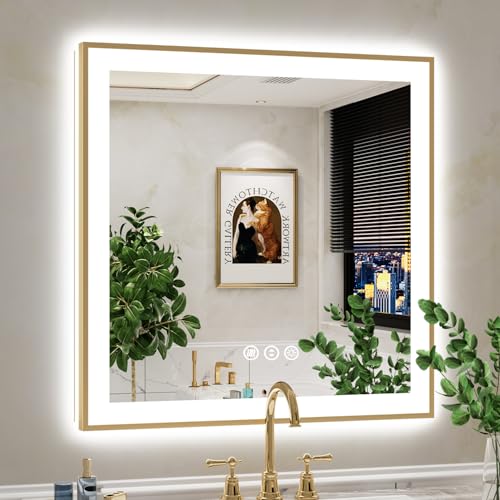 Image of 32x32 LED Bathroom Mirror with Lights, Gold Framed Lighted Mirror