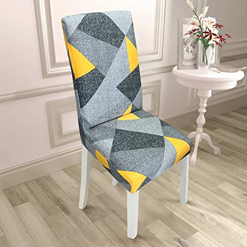 Image of House of Quirk Elastic Chair Cover Stretch Removable Washable Short Dining Chair Cover Protector Seat Slipcover (Pack of 1, Grey /Yellow Gems)
