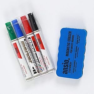 ANSIO Dry Wipe Whiteboard Marker Pen Set met Magnetische Eraser, Geassorteerd, 4513