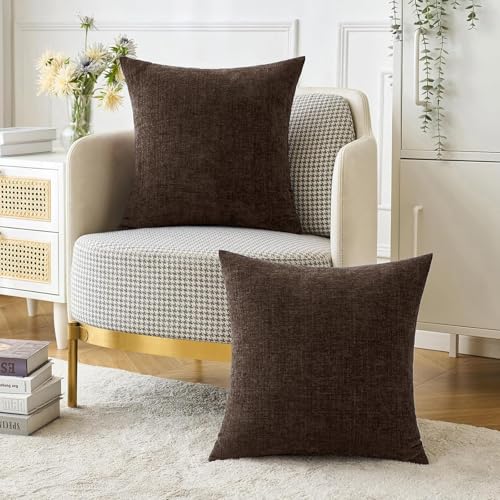 Image of MIULEE Pack of 2 Dark Brown Throw Pillow Covers 18x18 Inch Soft Chenille Pillow Covers for Sofa Living Room Couch Fall Home Decor Solid Dyed Cases
