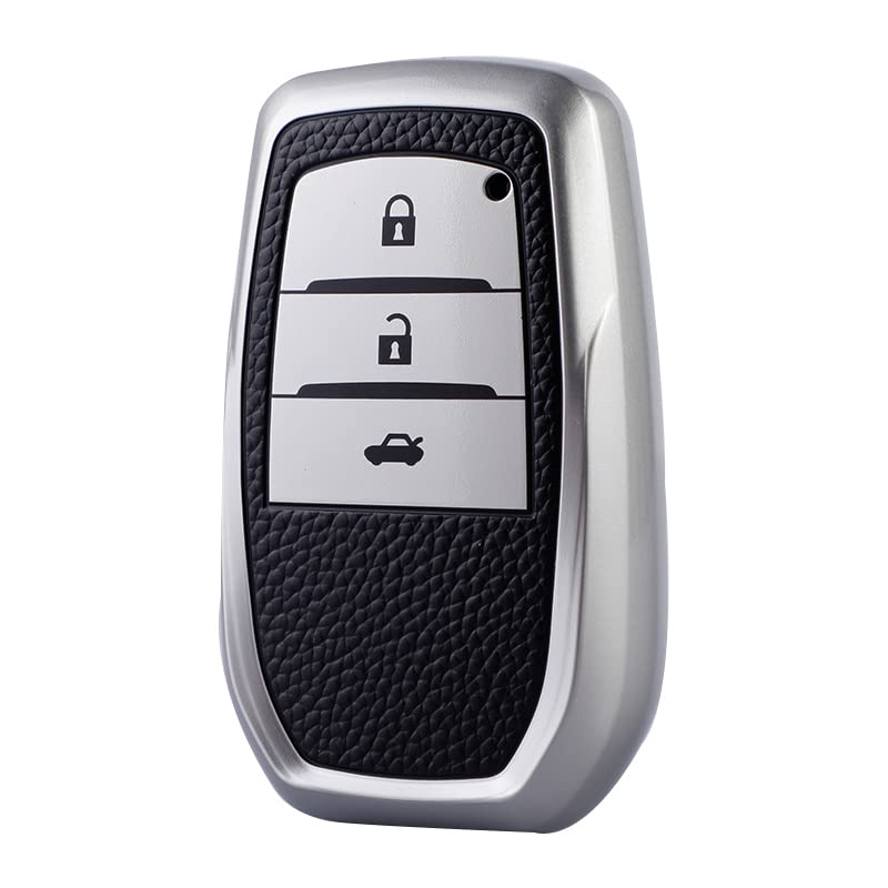 Premium Soft Leather Pattern TPU Key Cover Compatible with Toyota Fortuner Innova Crysta Smart Key- Silver