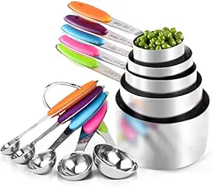 THW Stainless Steel Measuring Cups and Spoons Set with Colored Silicone Handle - 10 Piece Set