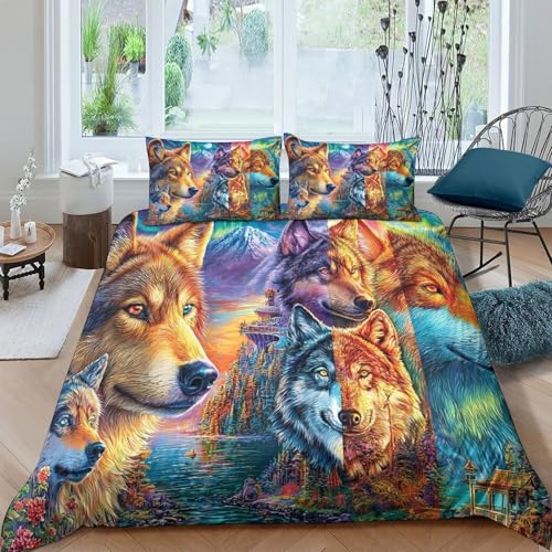 WBCFGHJKN Loup Housses De Couettes Parure De Lit 3 Pièces en Microfibre avec Impression 3D Housse De Couette Setit for Enfants Garçons Filles...
