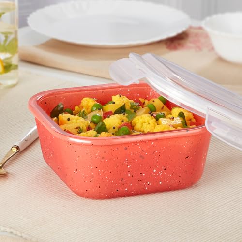 Image of Borosil 800 ml Kube Pink Food Storage Container with Air Tight Lid | Square Shape Borosilicate Glass Organiser | Microwave & Dishwasher Safe | For Fridge, Kitchen Storage