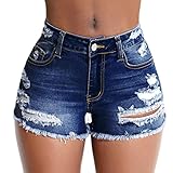 Tunlaud Women's Stretch Ripped Denim Shorts Mid Waist Casual Frayed Raw Hem Distressed Jean Shorts (XL, Dark Blue)