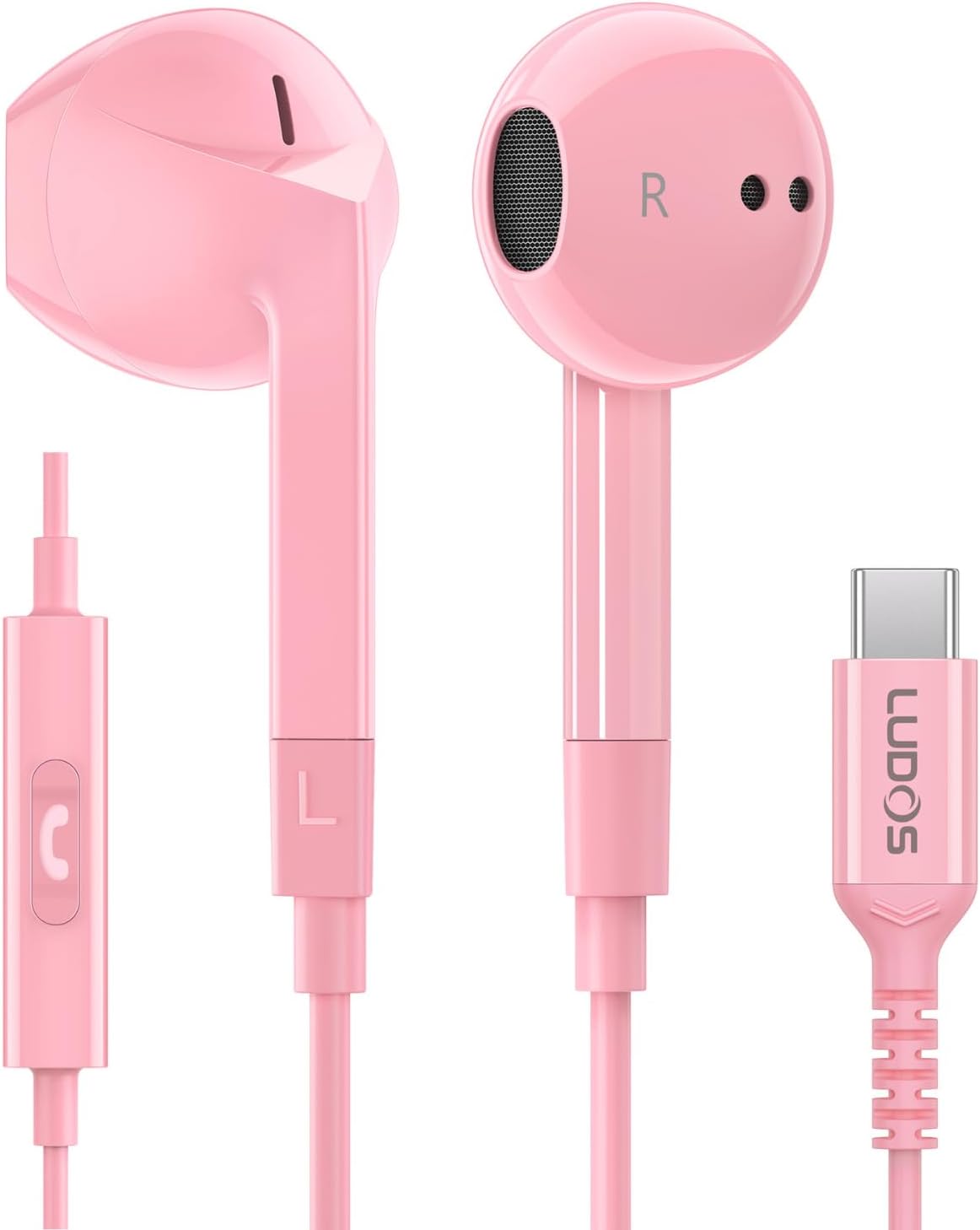 LUDOS FEROX USB C Headphones, 5 Years Warranty, USB-C Earbuds for iPhone 16 15 Pro Max Plus Galaxy S24 S23 Ultra S22 S21 FE S20 Z Flip 3 Fold 4 A53 A54, USB Type C Earphones for iPad – Pink