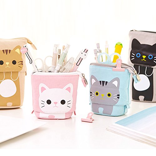 iSuperb Transformer Stand Store Pencil Holder Canvas+PU Cartoon Cute Cat Telescopic Pencil Pouch Bag Stationery Pen Case Box with Zipper Closure 7.5 x 4.9 x 3.0inch/4.1x 3.0inch (Pink)