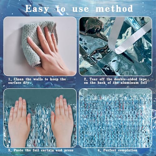 Image of Blue Wavy Foil Fringe Curtain with Bubble Garlands,Ocean Under The Sea Mermaid Backdrop for Beach Birthday Photo Booth Party Decor (3.3 feet Curtain 3 Bubble Garlands)