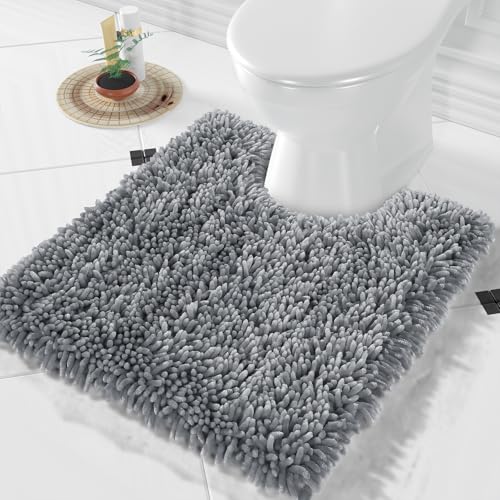 Image of Yimobra Toilet Rugs U Shaped Washable, Extra Thick Soft Absorbent Chenille Contour Bathroom Rugs for Toilet 24x20 Inch, Quick Dry Non Slip Toilet Mat for Bath Floor, Silver