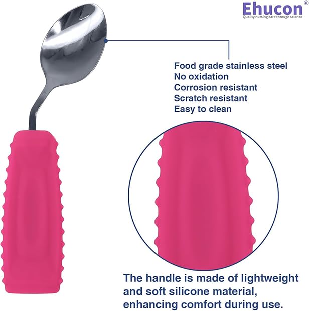 Image of Adaptive Utensils Angled Spoon and Fork for Hand Tremors Parkinsons,Weighted Utensils with Non-Slip Easy Grip Handles for Independent Eating (1pcs Spoon+1pcs Fork=2 pcs,Pink,Left Hand)