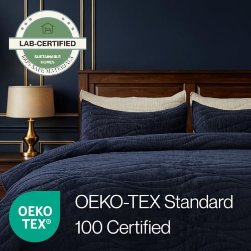 Image of DOWN HOME Crinkle Textured Velvet Quilt Set with Shams, All-Season Luxury Modern Bedding,Easy Care Comforter,Ultra-Soft,Lightweight & Breathable, Queen, Imperial Blue