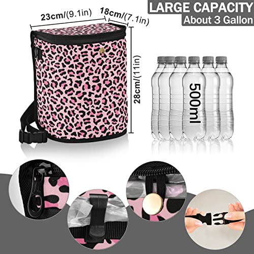 Image of Leopard Print Car Trash Can Pink Animal Skin Car Garbage Bag with Lid Hanging Waterproof Leak Proof Vehicle Storage Bin