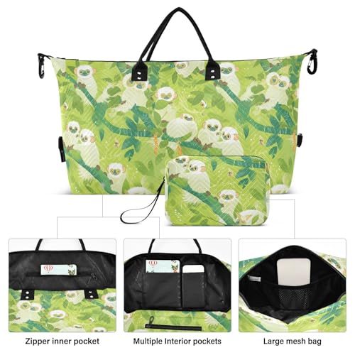 Travel Hand Bag Cartoon Sifaka Light Green Shoulder Weekender Overnight Bag with Toiletry Bag for Workout 2 Pcs Set bolso viajero para mujer2