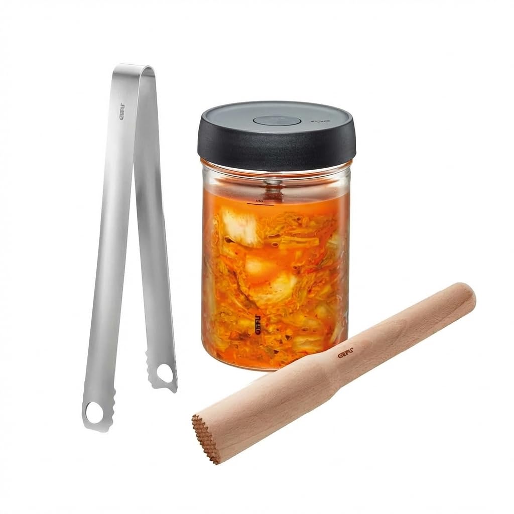 Gefu 15800 Nativo Fermentation Set, Plastic Stainless Steel Glass, Transparent,1 Liter (mit Stößel und Zange)
