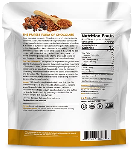 Zint Organic Cacao Powder (32 Oz): Paleo-Certified, Organic, Non Gmo, Anti Aging Antioxidant Superfood, Gluten Free Cocoa Cacao Beans, Pure Delicious Chocolate Essence, 32 Ounce #TOP5