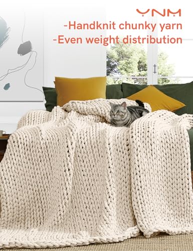 YnM Cotton Weighted Blanket, Handmade Chunky Knitted Design, Soft and Cozy, Temperature Regulating and Breathable, Machine Washable Throw for Sleep or Home Decor (Cream White, 60x80 Inch, 25lbs)