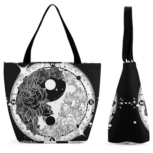 Sac à main Tai-Chi noir et blanc pour femme, grand cabas de shopping et voyage 32,5 cm